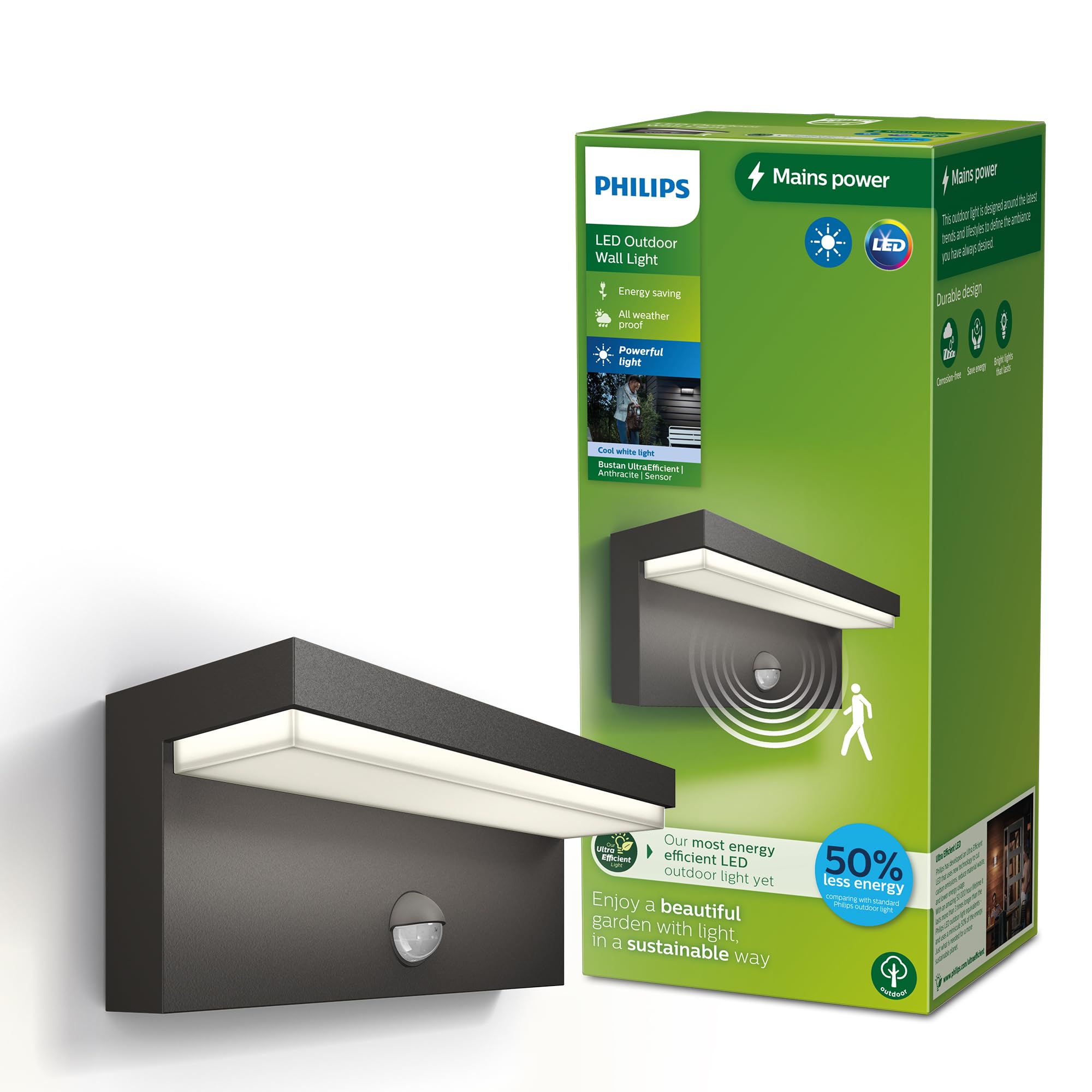 Philips Lighting Bustan UltraEfficient Outdoor wall Light, 3.8W 4000K Cool wehite Light, Antracite, Motion Sensor, IP44 Weatherproof