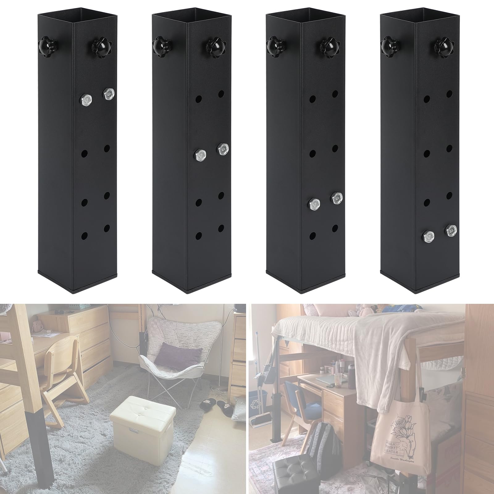 Photo 1 of 4 Pack 3.15” Diameter Dorm Bed Risers Heavy Duty 11.8LB Metal Bed Risers for College Dorm Wooden Bed Frame Table 4 Level Adjustable 11”, 8”, 5”, 3” Height for Extra Stability Fits Bed Legs 1.5" to 3"