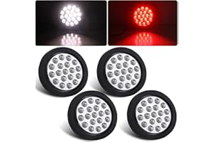 Partswcgg 4Pcs 4" Round Red Stop Turn Tail Lights to White Back-up Lights 19 LED, 4 Inch Round Red/White Dual Trailer Truck Tail Lights with Rubber Grommet and 3 Prong Wire Pigtails IP67 Waterproof