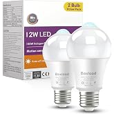 Motion Sensor Light Bulbs, 12W(100W Equivalent) A19 E26 5000K Auto On/Off | Dusk to Dawn Activated Security Indoor Outdoor Light Bulb for Front Door Porch Garage Basement Storage Closet, 120V, 2 Pack