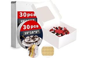 Zzrywuty White 10x10x5 Inches Cake Box with Cake Boards (60Pcs, 30Pcs Boxes and 30Pcs Boards), Bakery Boxes with Clear Window for Cake, Dessert, Cookie, Birthday, Party, Wedding