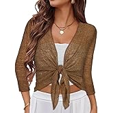 Women Crop Cardigan Sheer Mesh Bolero Shrug for Dress Tie Front 3/4 Sleeve Tops