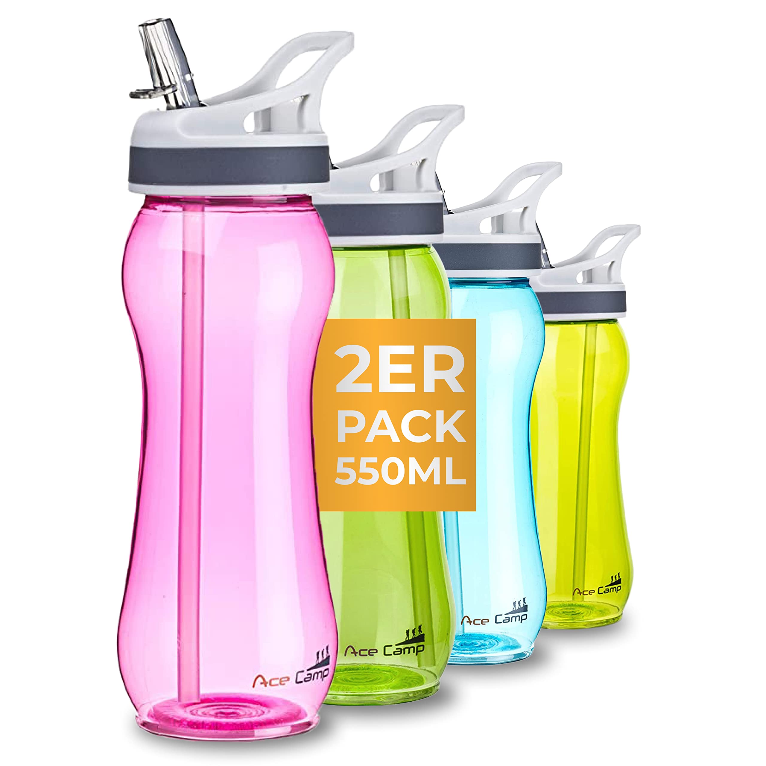 AceCamp Tritan Traveller Bottle, 350 ml/600 ml/ 800 ml, BPA Free, Water Bottle, Sports Bottle, Leak Proof, with Drinking Straw, Pink 600ml Doppelpack, 600ml