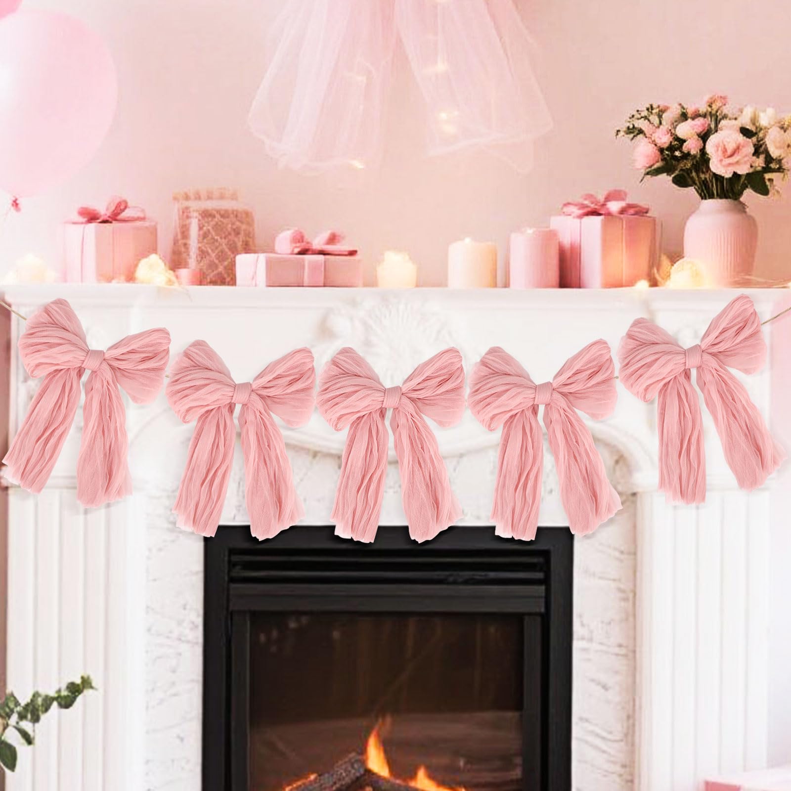 Large Pink Bow Garland Banner, Pre-Strung Sweet Coquette Birthday Bridal Shower Party Hanging Swirls Decorations Pink Bow Party Banner for Wedding Engagement Anniversaries Baby Shower