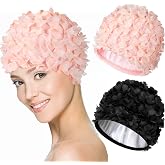 2 Pcs Lace Vintage Swim Cap Flower Floral Petal Retro Style Bathing Caps | Women's Long and Short Hair Swimming Hat Not Waterproof, Black and Pink