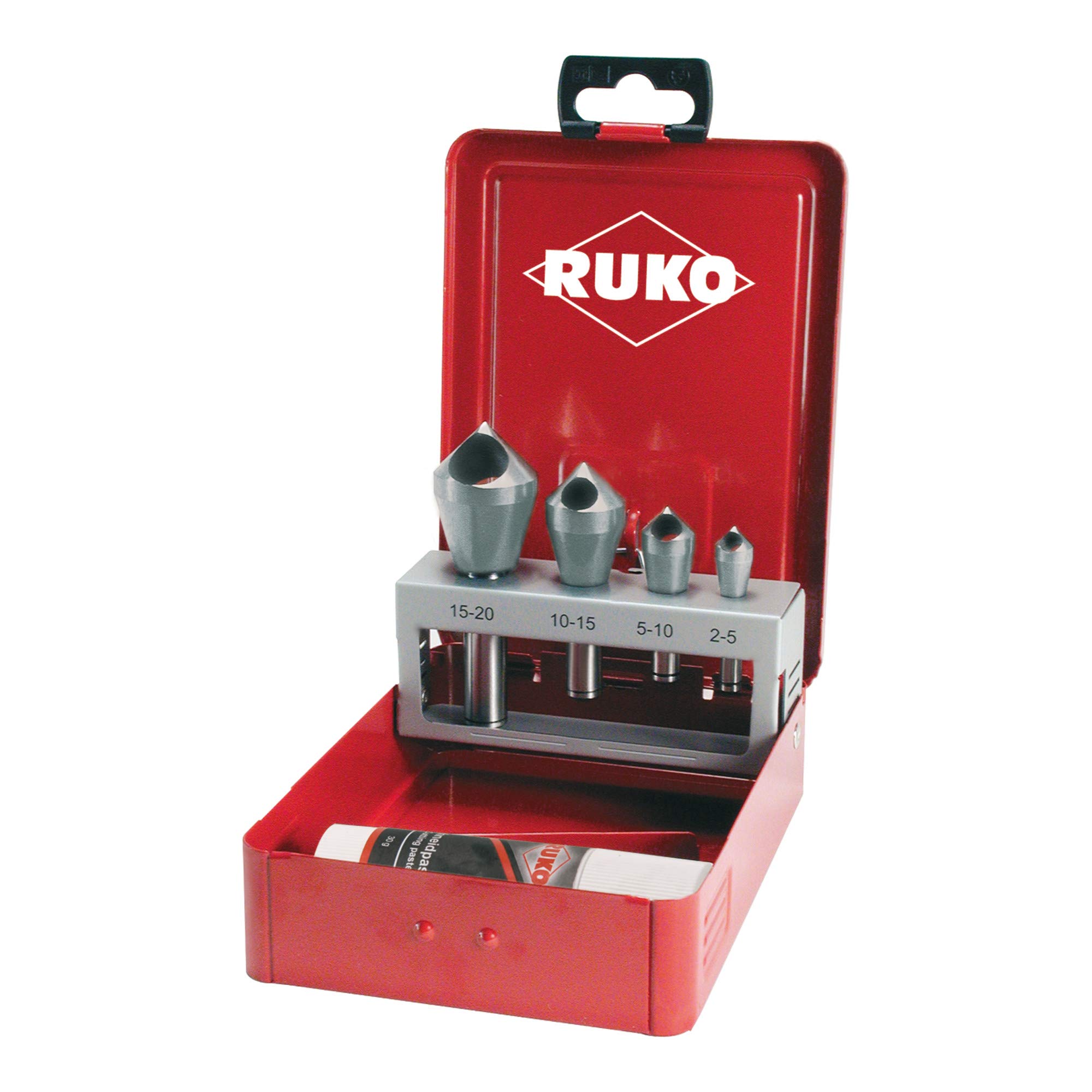 RUKO HSSE-Co 5 Slotted Taper and Deburring Counter Sinker Set in Steel Case, 90 Degree, Bright Finish, 5 Pieces, R102312E