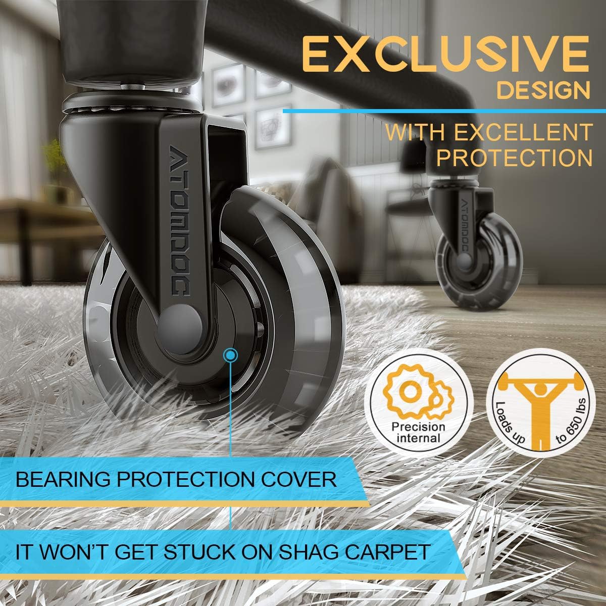 Caster Office Chair Wheels, 3" Standard Replacement Chair Casters, Heavy Duty & Safe Protection for All Floors Hardwood Slate Tile Mat Carpet Revolutionary Bearing Protection Cover, Set of 5 ATOMDOC: Furniture & Decor