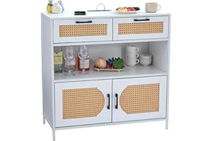 LIDYUK Sideboard Buffet Cabinet with Charging Station, Kitchen Storage Cabinet with Rattan Doors, Cupboard Console Table Sideboard Cabinet for Dining Room Hallway, White