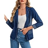 Ellunis Womens Denim Jackets Long Sleeve Lapel Button Slim Office Pocket Washed Business Jean Jacket