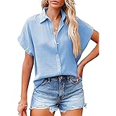 Dokotoo Casual V Neck Button Down Shirts for Women Solid Short Sleeve Blouse Tops