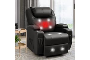 Furniwell Rocker Recliner Chair with Massage and Heat for Elderly, Leather Adjustable 360°Swivel Rocking Sofa for Living Room with Remote Control, Cup Holders (Black)