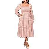 Pinup Fashion Plus Size Fall Dress - Bridal Shower Graduation Wedding Guest Boho Chiffon Smocked Midi Dresses