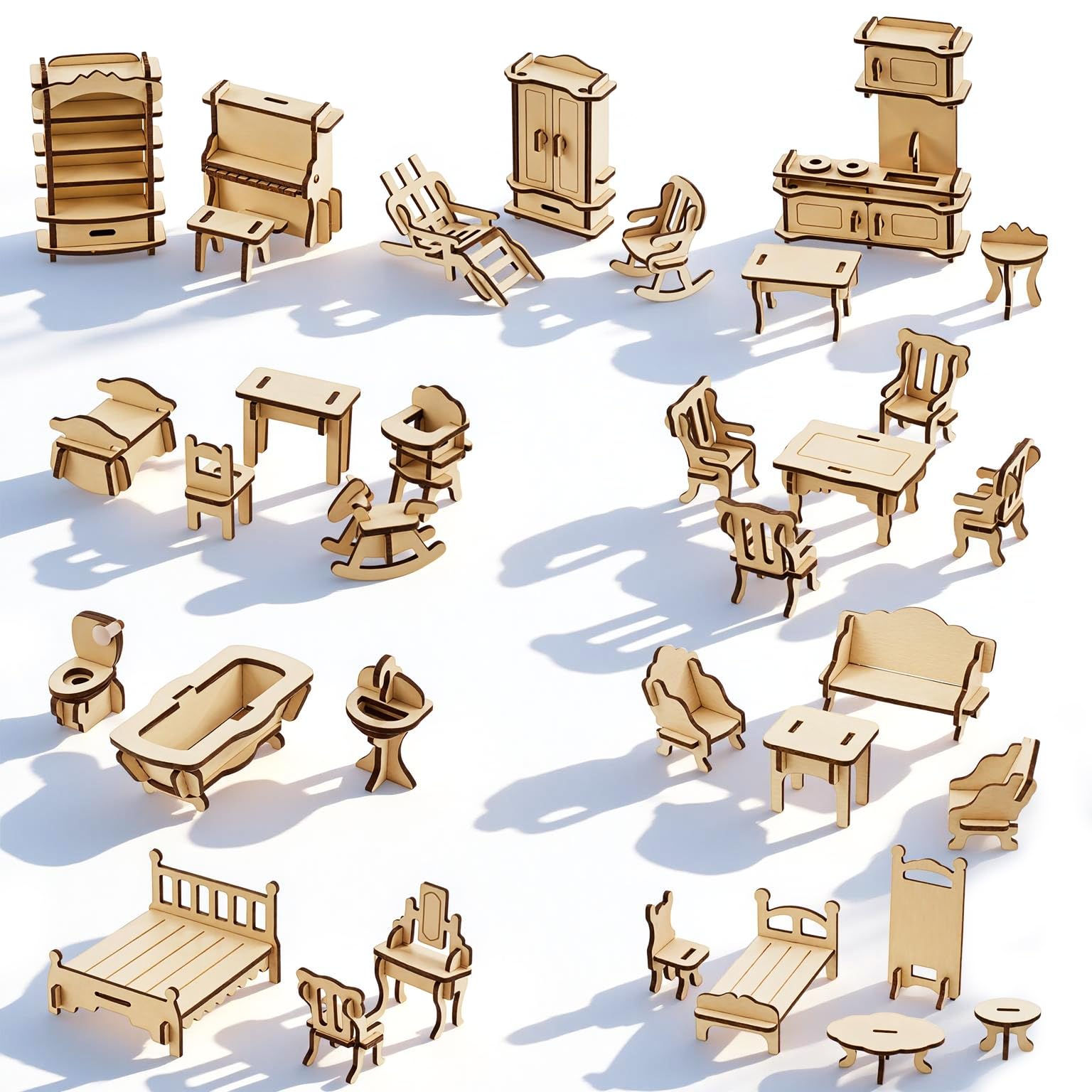 LOVEINUSA DIY Wooden Dollhouse Furniture Set, 3D Puzzle Miniature Room Accessories, Natural Wood