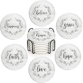 Britimes Coaster for Drinks Set of 6, White Wood Inspirational Love Wreath Absorbent Round Ceramic Stone Mat, with Cork Base and Metal Holder, Gift for Housewarming Room Bar Decor