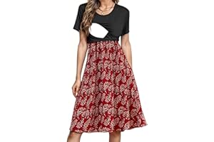 PARNIXS Women's Nursing Dress Summer Short Sleeve Patchwork Pregnancy Clothes with Pockets