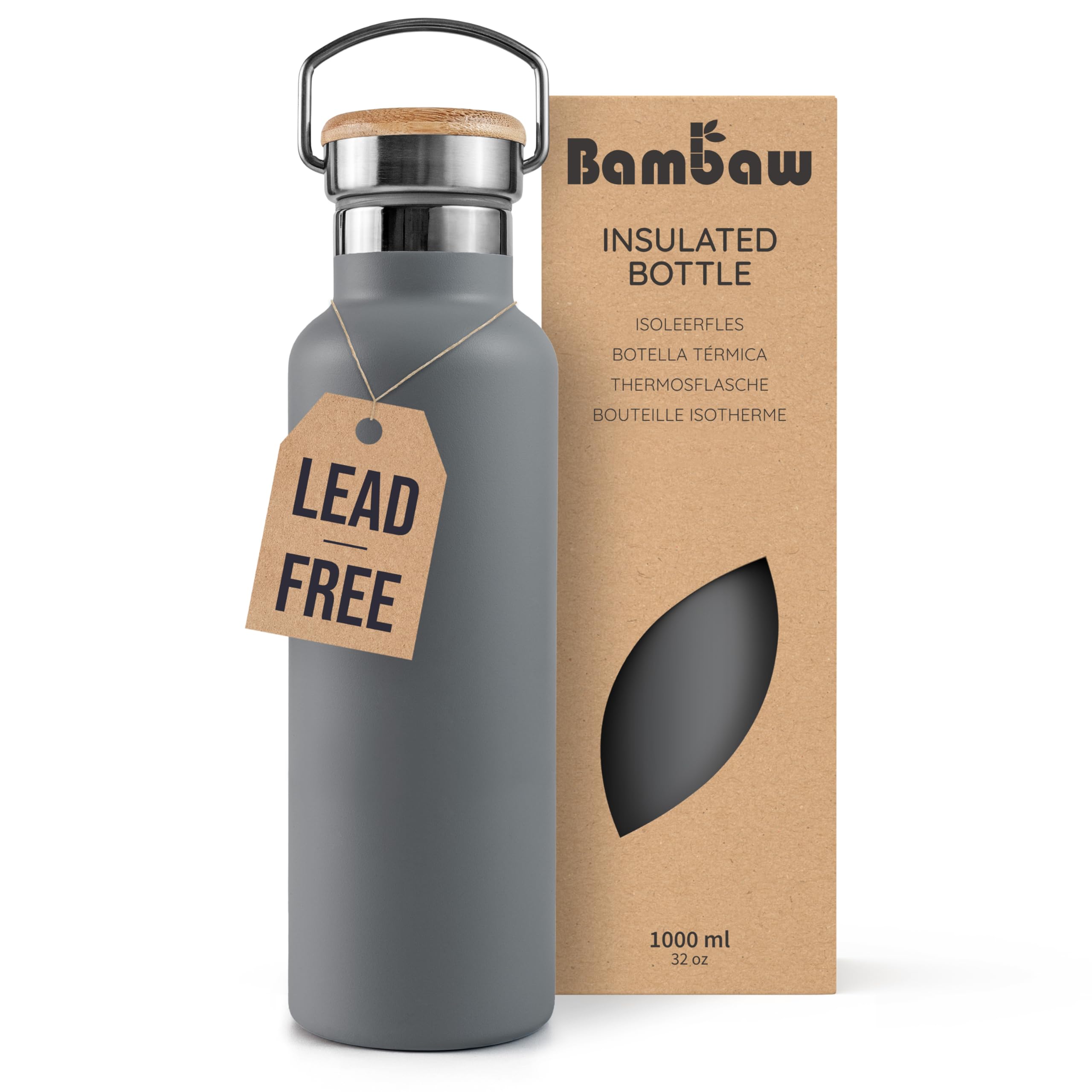 Bambaw Insulated 1litre Water Bottle Metal, 1 Litre Stainless Steel Water Bottles for Hot & Cold Drinks, Sleek & Lightweight, Wide Mouth for Easy Cleaning, Reusable & Rust-Resistant (Stormy Gray)