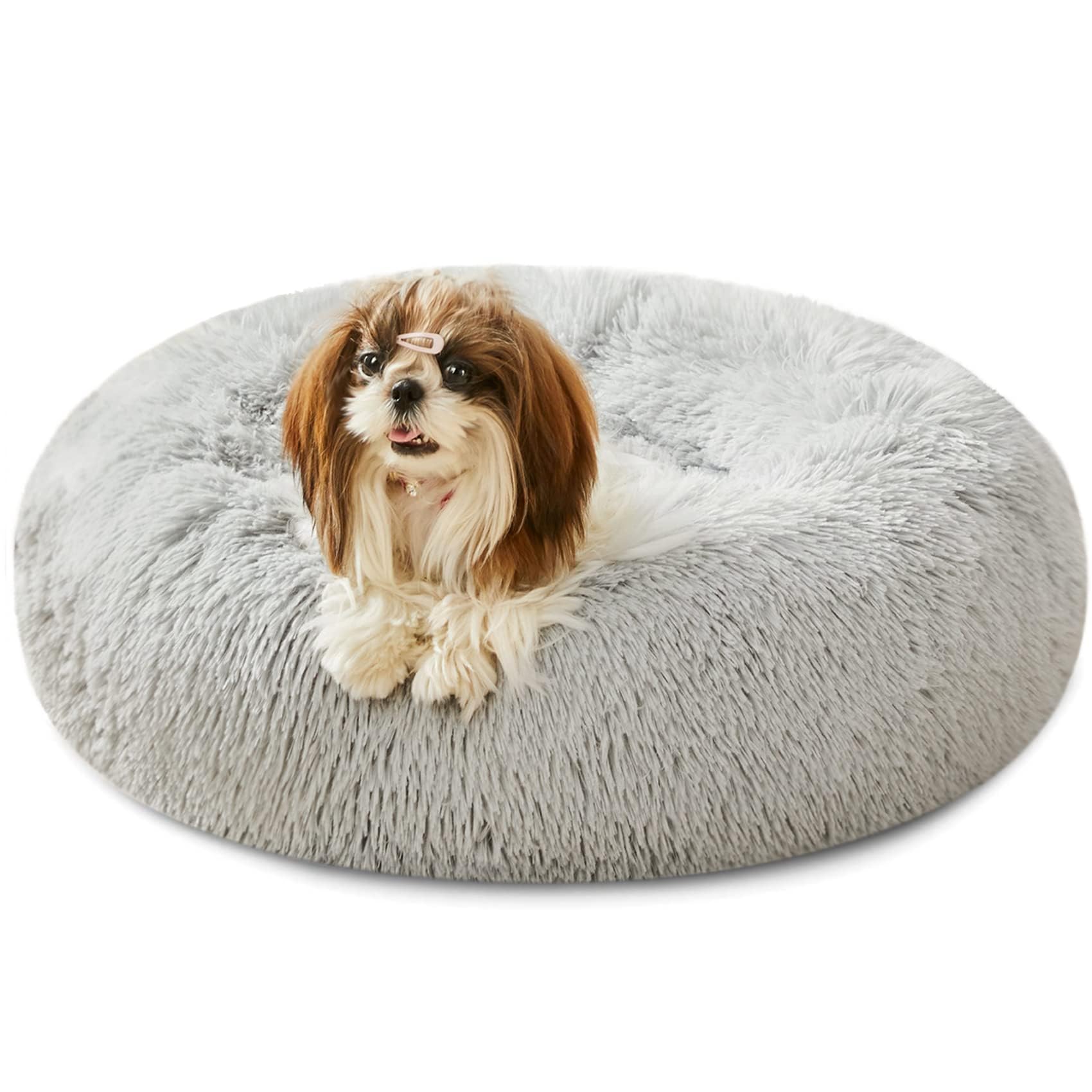 Photo 1 of WESTERN HOME WH Calming Dog & Cat Bed, Round Soft Anti-Anxiety Donut Cuddler Warming Cozy Fluffy Faux Fur Plush Cushion Bed for Small Medium Dogs and Cats (20"/24"/27"/30"), Smoke Grey