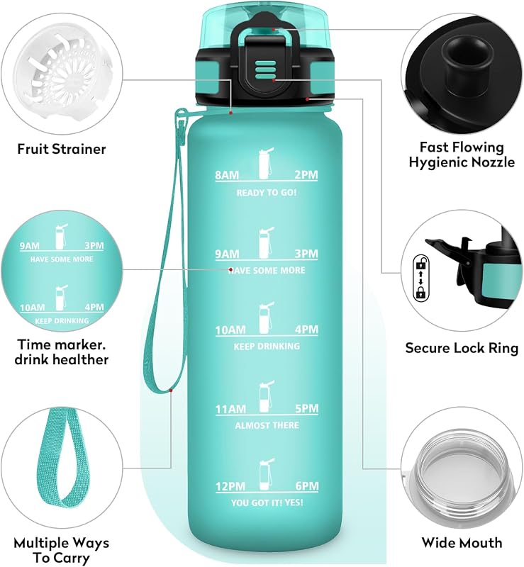 Botella Agua Deporte 500ml, Cantimplora con Filtro, Marcador de Tiempo, Reutilizable, a Prueba de Fugas, para Colegio, Bicicleta, Senderismo