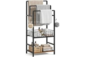 HOOBRO Free Standing Towel Rack, Blanket Rack with 3 Towel Bars, Storage Basket and Shelf, Towel Holder with Hook, Blanket Or