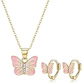 Cosol Silver Butterfly Necklace Earrings for Women Teen, Pink Enemal CZ Butterflies Pendant Necklaces Small Huggie Hoop Earrings Jewelry Set Christmas Birthday Gifts for Daughter Granddaugher