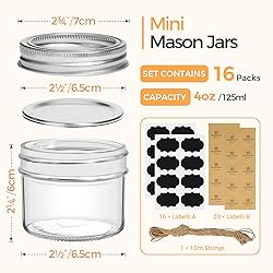 ComSaf Mini Mason Jars 4oz - 16 Pack, Regular Mouth