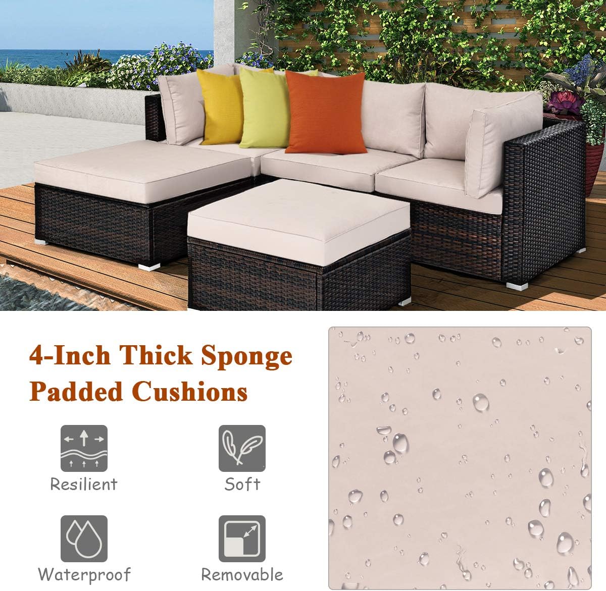 Tangkula 5 PCS Patio Rattan Furniture Set, Outdoor Sectional Rattan Sofa Set with Soft Cushions, Wicker Conversation Set with Sofa Ottoman for Backyard Porch Garden Poolside Balcony (Brown): Garden & Outdoor