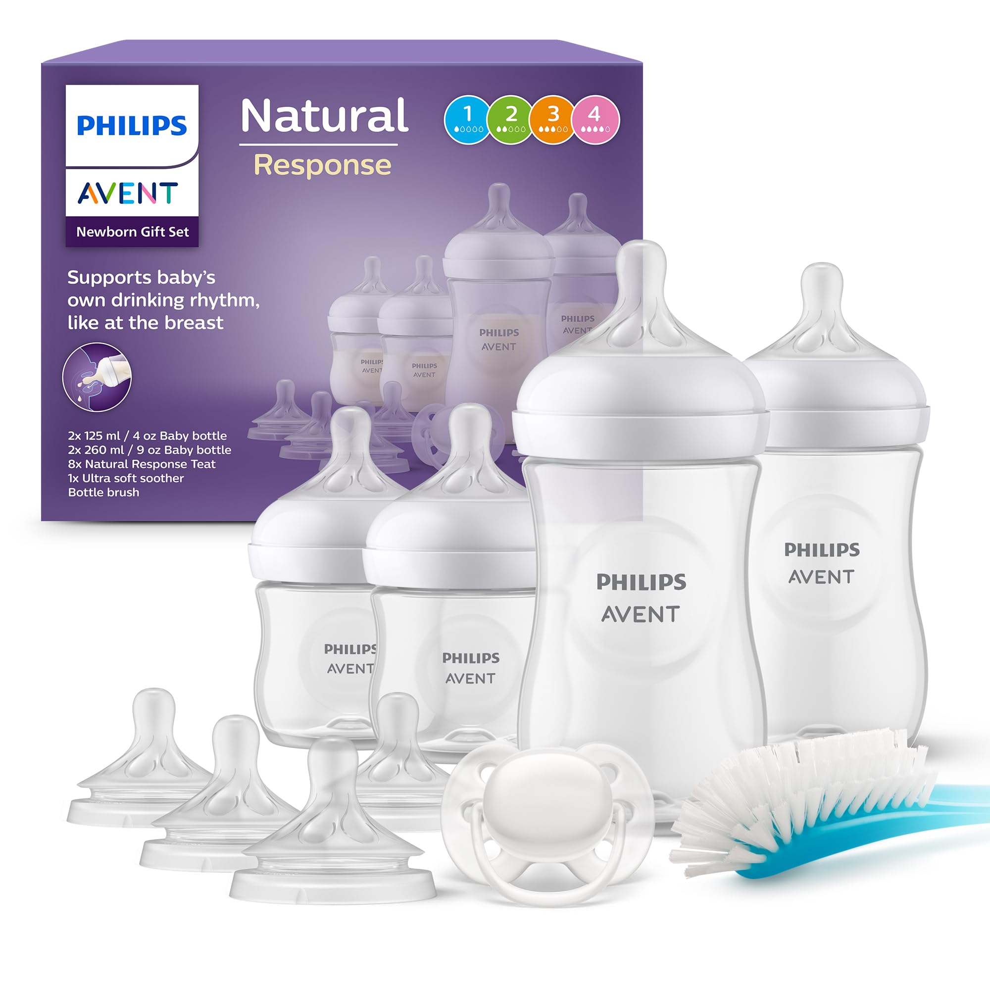 Philips Avent Kit biberons pour nouveau-né – 4 biberons, 2 tétines, sucette ultra-douce et goupillon, pour les bébés âgés de 0 à 12 mois (modèle SCD838/13)