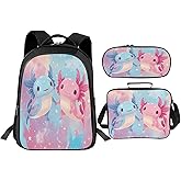 Trimety Cute Axolotl Backpack Set 3 Piece School Bags and Lunch Box with Pencil Case Pink Blue Axolotl Bookbag Set for Toddler Kids Girls Boys Teens Kindergarten Elementary Middle