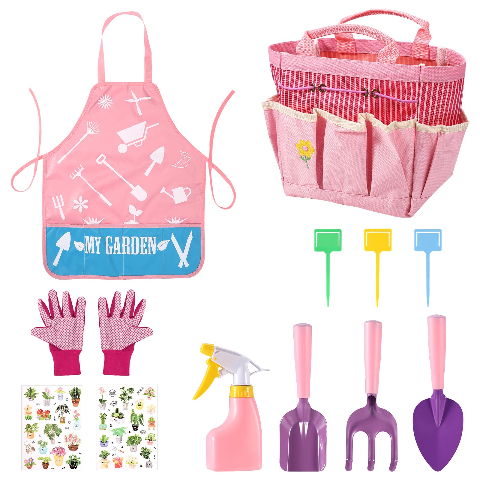 lasuroa 12pcs Gardening Tools Set, Kids Gardening Kit with Fork, Shovel, Rake, Bag, Bottle, Glove, Apron and Watering Can, Toddlers Garden Tools for Children Summer Beach Toys for Boys Girls (Pink)
