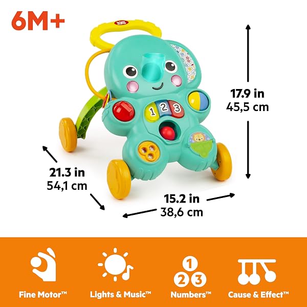 BRIGHT STARTS STROLL ‘N ROLL 2-IN-1-BALL PUSH WALKER – INCLUDES 3 TOY BALLS, ELEPHANT WITH 70+ SONGS & SOUNDS, 7 ACTIVITIES – BALL DROP, PIANO, SPINNER, FLIP BOOK & MORE