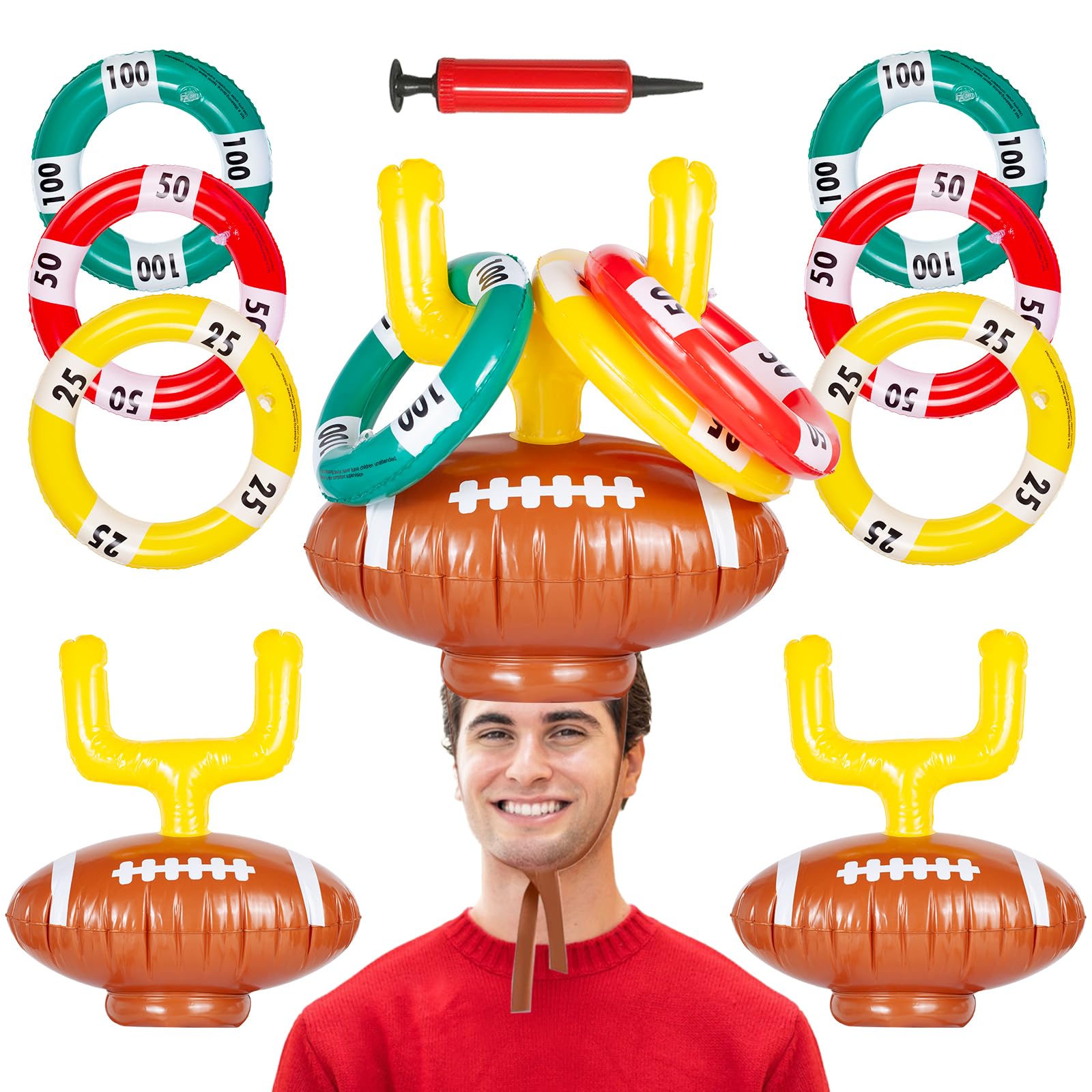 Photo 1 of 2 Set Inflatable Football Post Ring Toss, Goal Post Ring Game, Football Goal Post for Kids, Family, Birthday Games Indoor and Outdoor Party Supplies (2 Toss Post Hats 6 Rings 1 Pump)