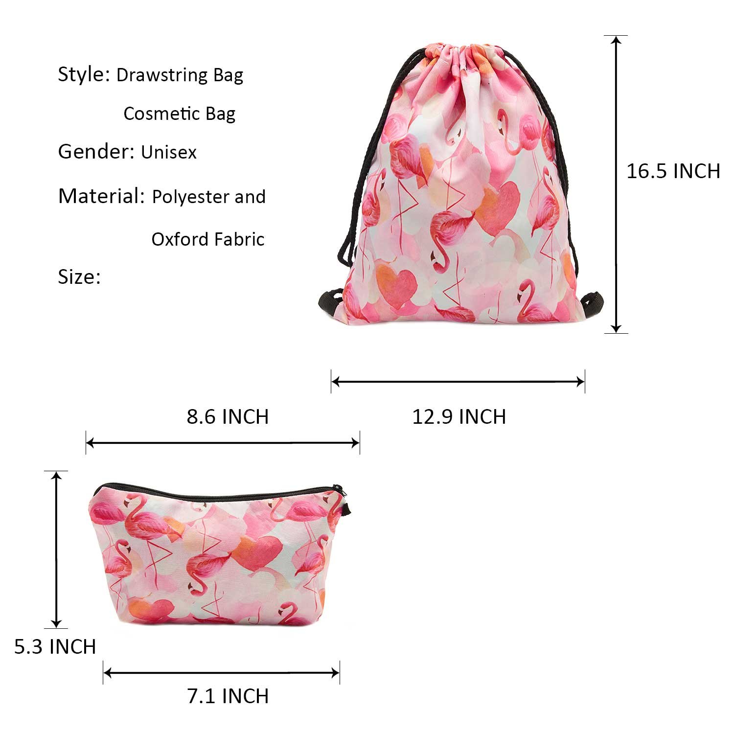 TUONROAD Cute Drawstring Dance Bag Small Cinch Sack Hot Pattern Pink Flamingo Orange White Heart Shape Cosmetic and Toiletry Bags Gift for Girls Ladies Shopping Hiking Jogging