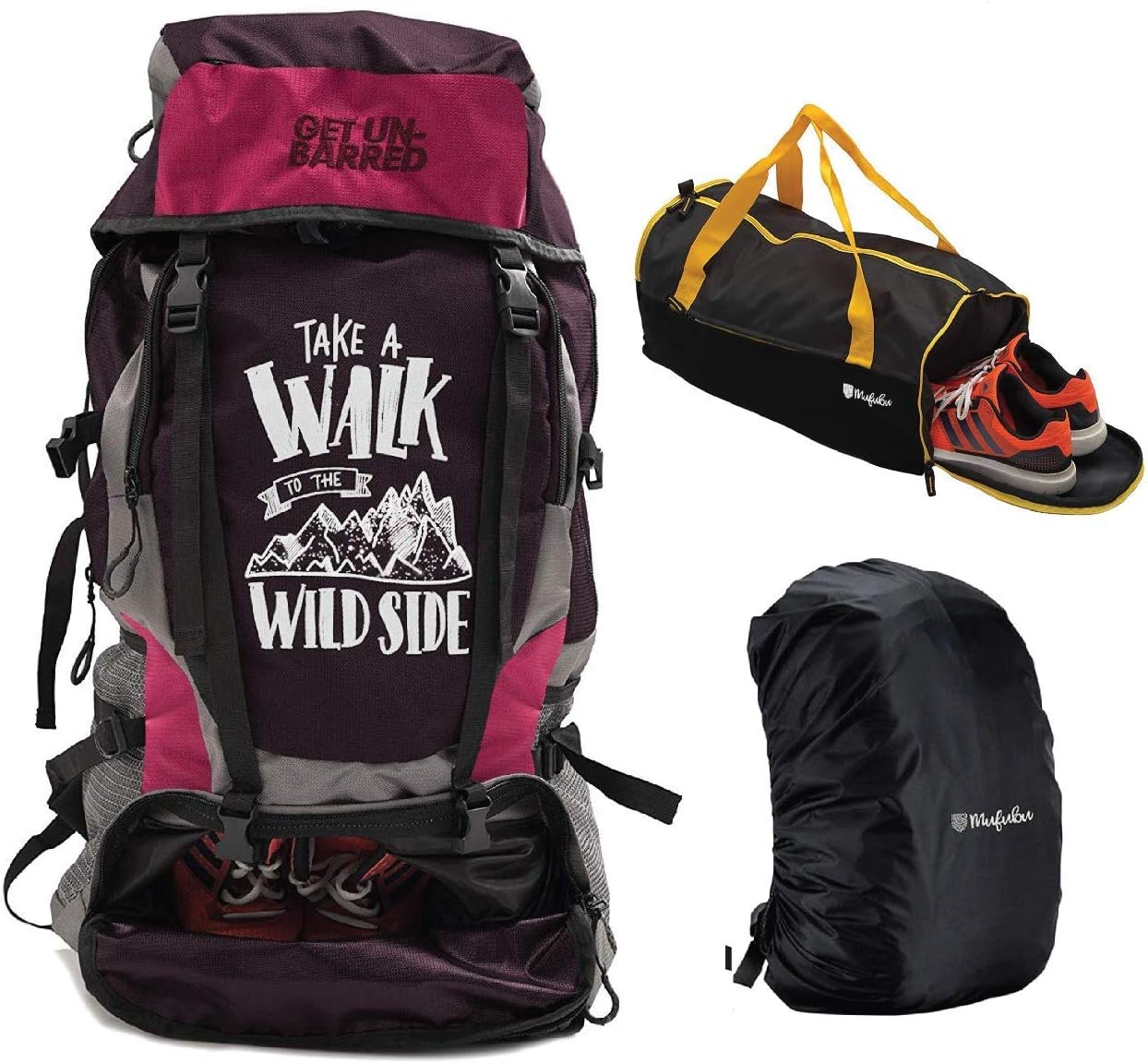 Mufubu Presents Get Unbarred 55 LTR Rucksack for Trekking, Hiking with Shoe Compartment and Duffel Gym Bag Combo (Pink)