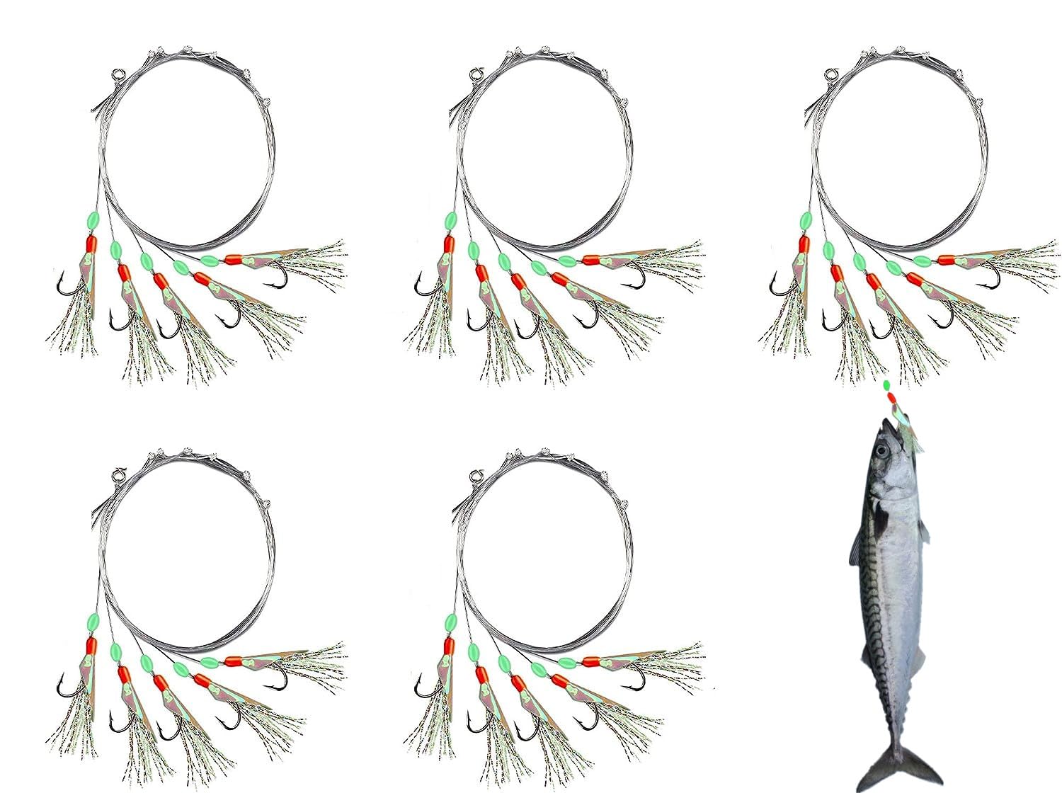 Voarge 5 Pack Mackerel Feathers Rigs, Fishing Feathers Sea Feather Lure Fishing Rigs with Luminous Beads Glowing Tail Attractor Ideal for Mackerel Herring Bass