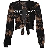 vblane Sexy Tie Front Crop Top for Women Long Sleeve Graphic Tee Shirt Clubwear