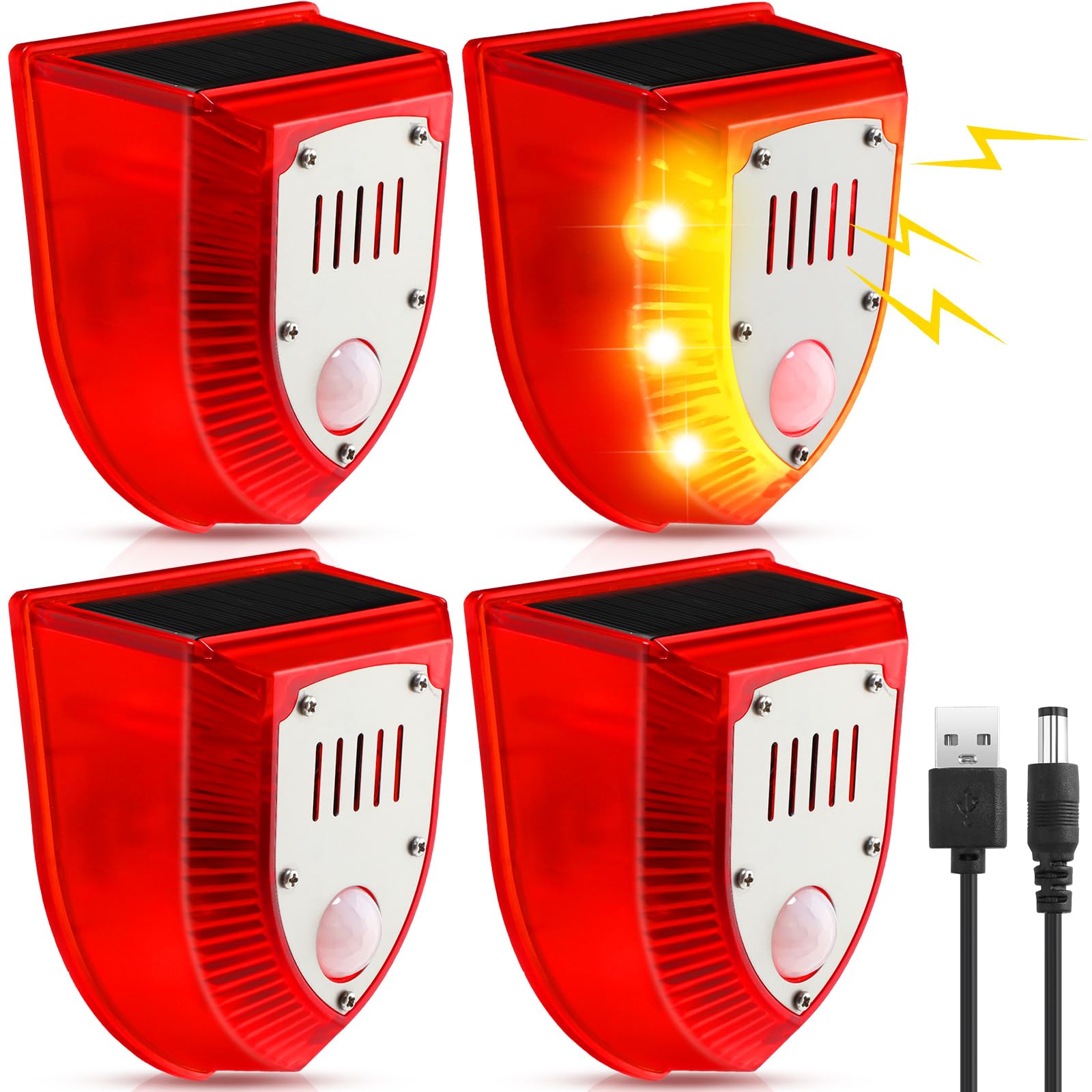 Photo 1 of Qualirey 4 Pcs Solar Alarm Motion Detector with Sound Outdoor Motion Sensor 129db Barking Dog Strobe Light Gunshot Sound Alarm Detector Noise Maker Warning Lamp for Home Villa Yard Farm