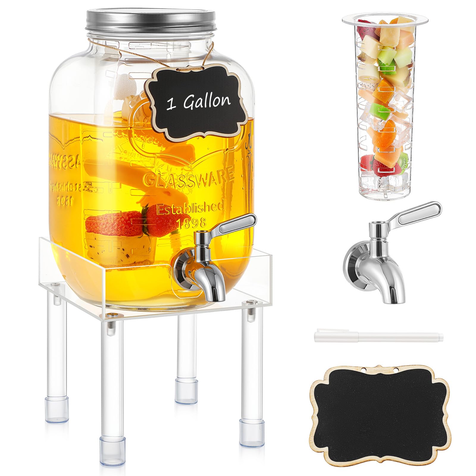 Photo 1 of 1 Gallon Glass Beverage Dispenser with Acrylic Stand and 18/8 Stainless Steel Spigot Airtight Iced Tea Jar with Anti-rust Lids Chalkboard Label for Parties Cold or Hot Beverages Juice Lemonade Storage
