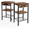 Fixwal Night Stand with Charging Station Set of 2, 3-Tier Side Table with Storage Shelf, End Table for Living Room, Bedroom, Rustic Brown