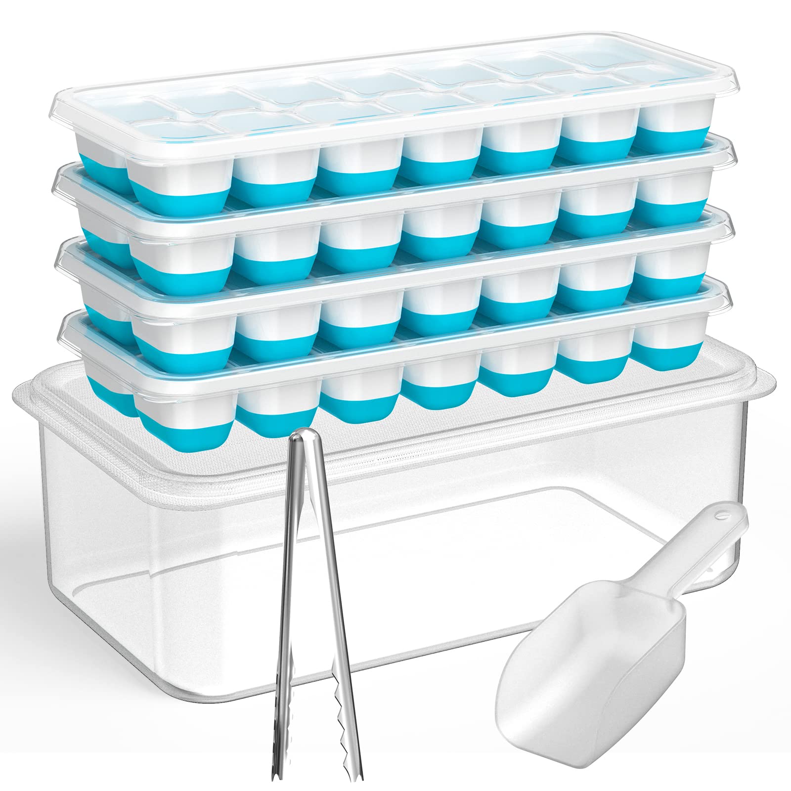 DOQAUS Ice Cube Tray with Lid and Bin, 4 Pack Silicone Plastic Iced Cubes Trays for Freezer with Box/Container, Stackable with Storage Ices Bucket, Tong, Scoop, for Baby Food, Cocktail, Coffee