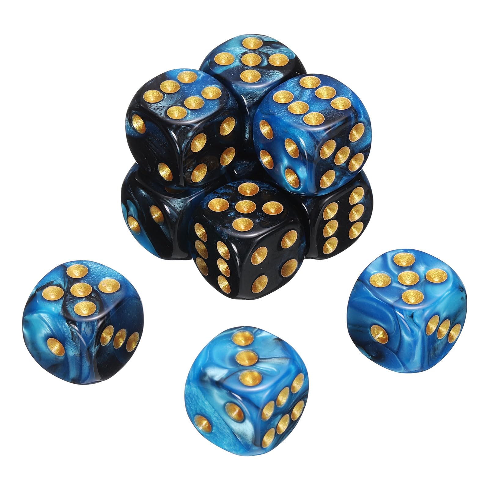 sourcing map 10Pcs 6 Sided Standard Dice, 2 Colors 16mm Acrylic D6 Mini Polyhedral Pearl Pattern Game Dice Set for Table Games, Blue and Black/Gold Point