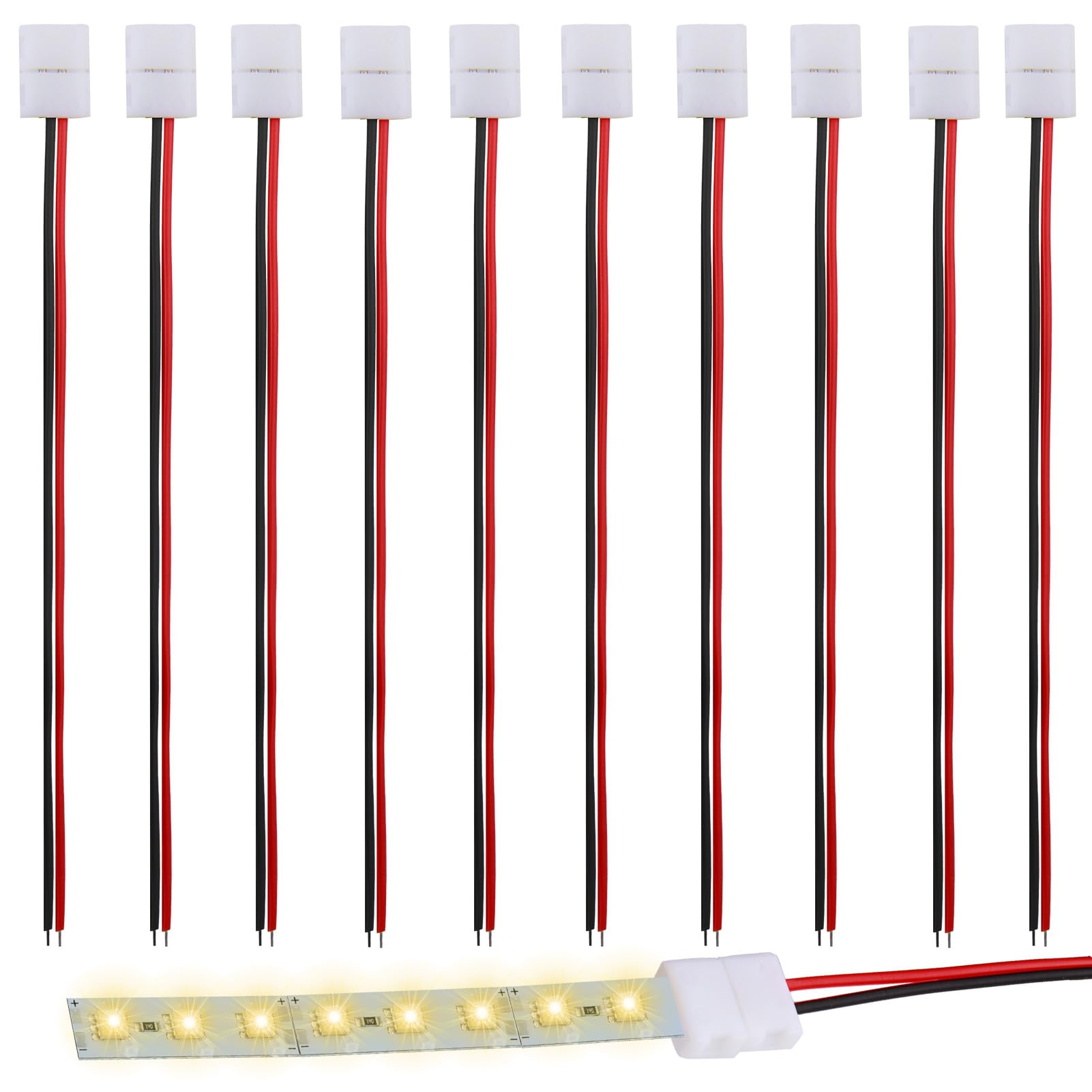 QTMMC 2 Pin 8mm Led Strip Light Connectors 3528 2835 Led Strip Conductor Connectors 2pin Snap Down Solderless Connect Wire Safety Adapter Kits for 12v 24v Single Color Lights, Pack of 10