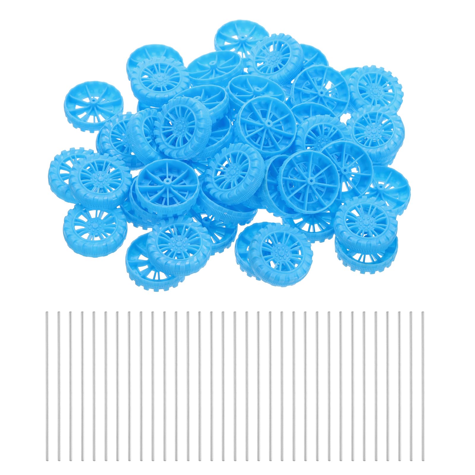 sourcing map 100pcs Toy Car Wheels, 40mmx10mm Plastic Roll and 2mmx100mm Shaft Round Rod Axles for DIY RC Car Truck Boat Helicopter Model Part, Blue — image 1