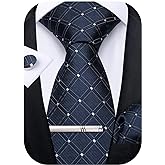 DiBanGu Plaid Ties for Men Silk Checkered Necktie and Pocket Square Cufflinks Tie Clip Set with Gift Box for Wedding Business