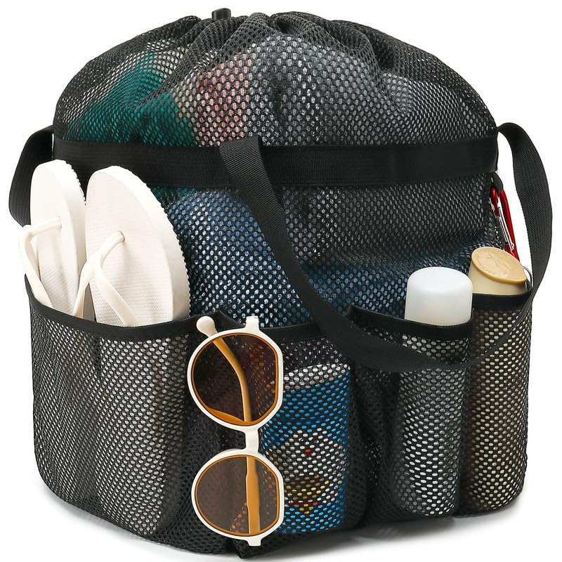 Fammart Mesh Shower Caddy Portable with Drawstring, Dorm Room Essentials for College Girls Guys, 8-Pocket Extra Large Shower Bag Basket Tote for Camping Beach Gym Travel Toiletry Bathroom