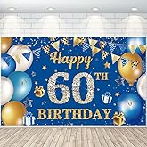 60 Birthday Decorations Happy 60th Birthday Backdrop Banner Blue Gold Large Size Banner Triangle Flag Balloons Booth Background Deco for Women Men 60 Years Old Anniversary Party Supplies Photo Prop