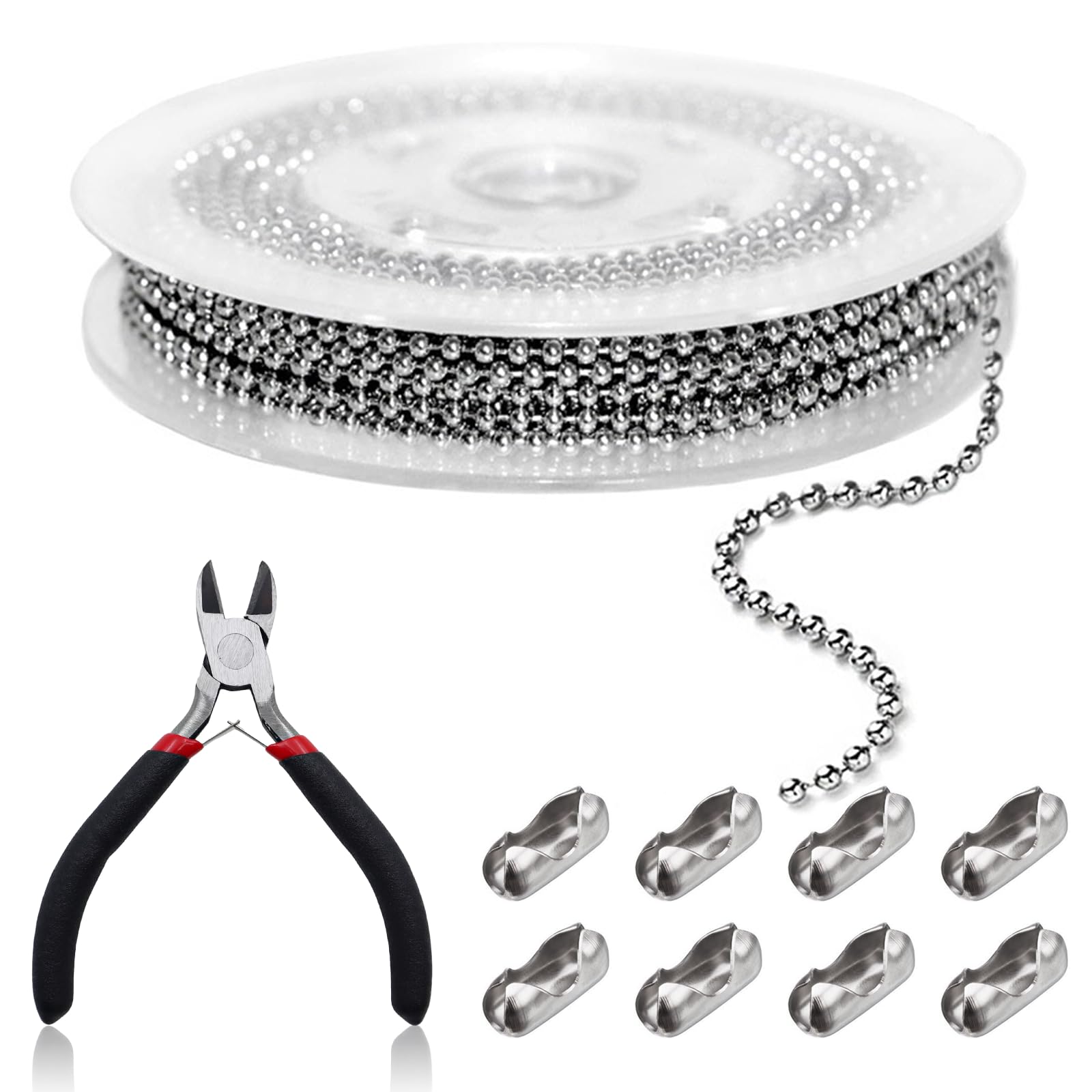 LOREC 32.8 Feet Stainless Steel Ball Bead Chain Ball Chain Beaded Pull Chain Extension Roller Chain Silver With 50 Roller Blind Chain Connectors 1 Pliers for Bracelet Keychain Tag DIY Jewellery Making