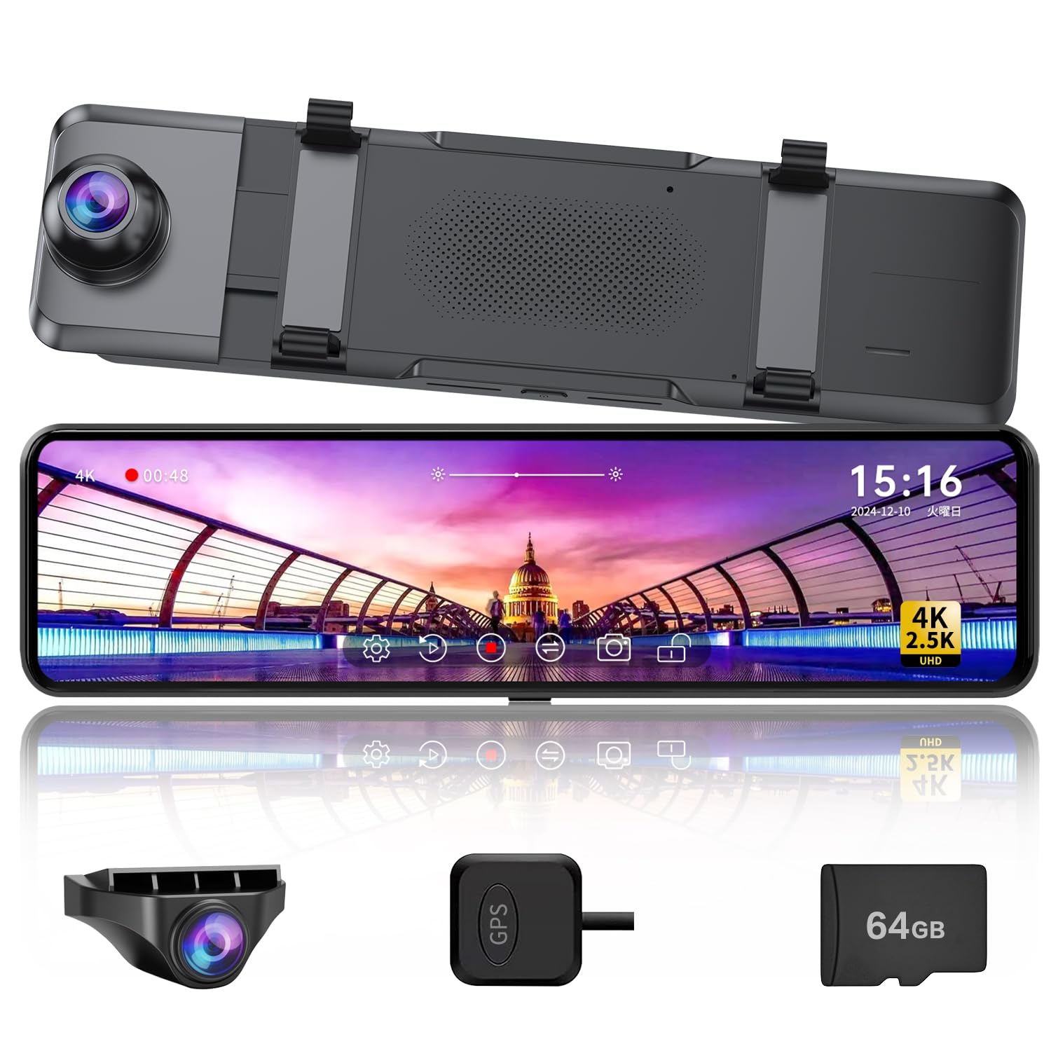 Changer ドライブレコーダー ミラー型 前後カメラ 4K+2.5K 11インチ 右カメラ 伸縮式フロントカメラ Type-C電源 GPS搭載 170°広角 ドラレコ 超鮮明夜間撮影 上下画像+左右反転可 バックガイドライン角度調整可 24時間駐車監視 地デジ干渉対策 日本語説明書 64GB高速メモリ付属 (V69Plus)商品画像