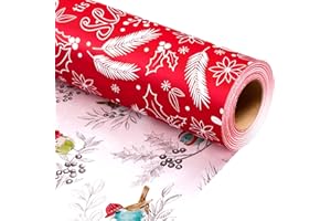 Burymento Christmas Wrapping Paper, Reversible White Redbreast, Berry Design Gift Wrapping Paper Suitable for Christmas, Mini Roll (17 Inch X 32.8 Feet)