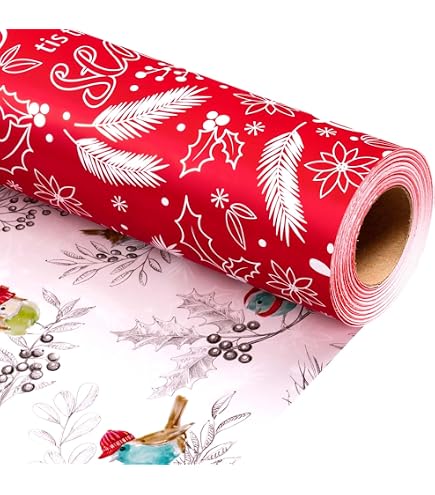 Rollo De Papel De Regalo Navideño - Estampado árboles Verde, Dorado, Rojo - 17x33 Pies - Brillo Metálico