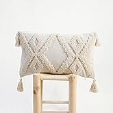 RinRinfam Boho Tufted Lumbar Throw Pillow Cover 12x 20, Modern Simple Diamond Farmhouse Neutral Linen Pillow Cushion Cases with Tassels, Cream Decorative Pillows for Bed, Outdoor Couch Bedroom Car